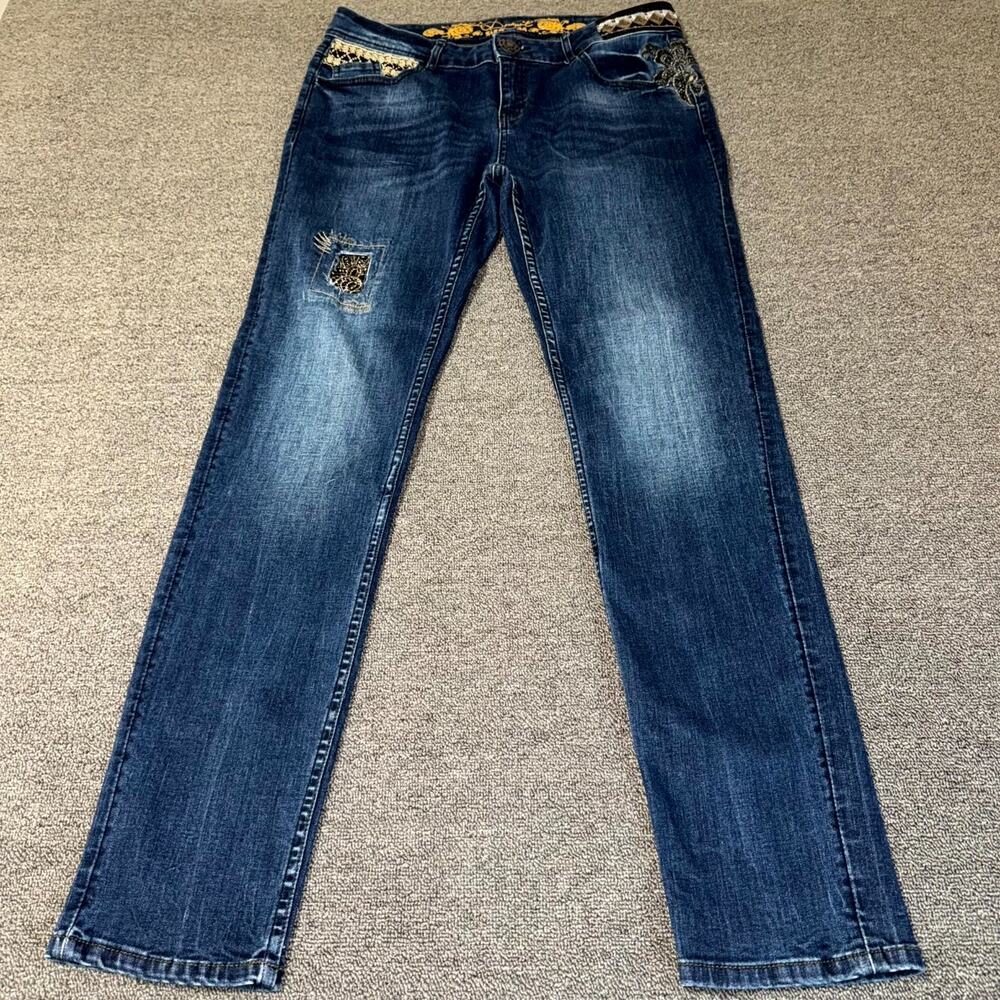Desigual Straight Leg Jeans Womens Size 34 Blue Denim Medium Wash Boho Patchwork